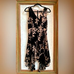 Elegant black velvet dress with blush underlay, like new and clean.